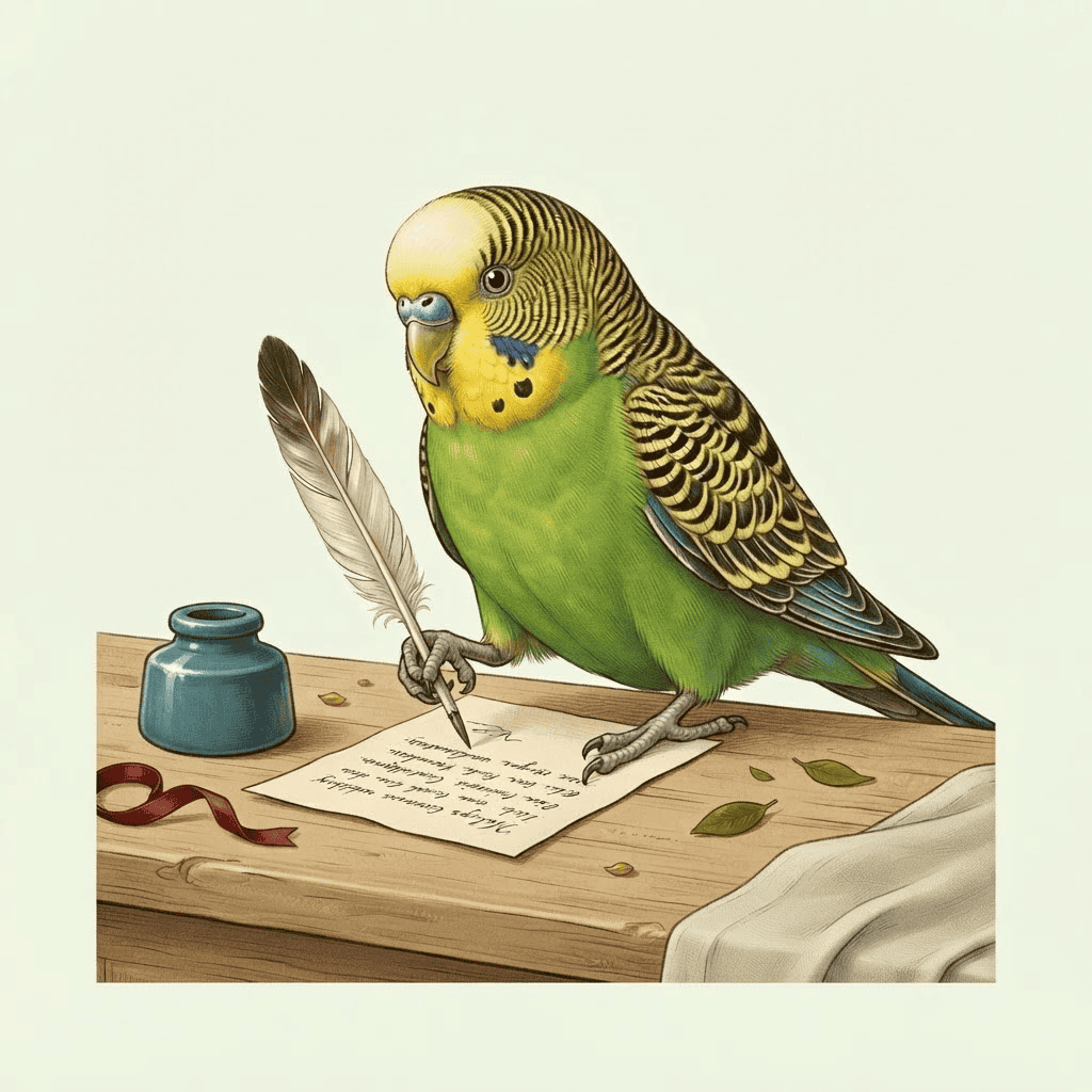 Een grasparkiet schrijft een briefje met een ganzenveer
